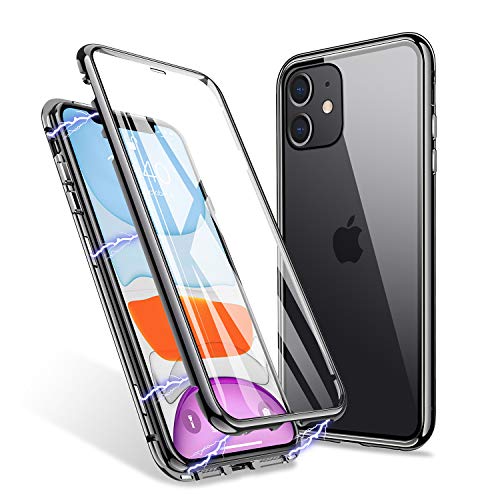 ZHIKE Custodia per iPhone 11, Caso Adsorbimento Magnetico Anteriore e Posteriore in Vetro Temperato Copertura a Schermo Intero Flip Cover di Design a Un Pezzo per Apple iPhone 11 (Nero Trasparente)