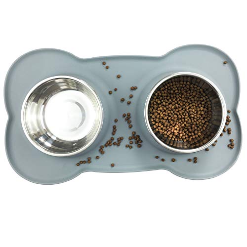 Ciotole per cani e gatti in acciaio inossidabile 2x850ml, 2 ciotole per mangiatoie per animali domestici con base in tappetino silicone antiscivolo,Assicurazione,Durevole (girgio)