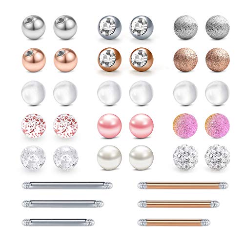 LAURITAMI 30pcs Piercing Palline Ricambio Palla 5 mm Acciaio Chirurgico e Acrilico 14G Lingua Barre Industriali Sfere Barbell Corpo Gioielli