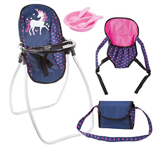 Bayer Design 63654AB Vario Set 9 in 1 con seggiolone, borsa, carrier, piatto, forchetta, cucchiaio, accessori per bambole, blu rosa Unicorno