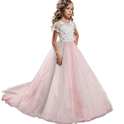 NNJXD Ragazze Pizzo Ricamo Fiore Matrimonio Festa di Compleanno Principessa Abito Coda Lunga Dimensione (130) 6-7 Anni Rosa