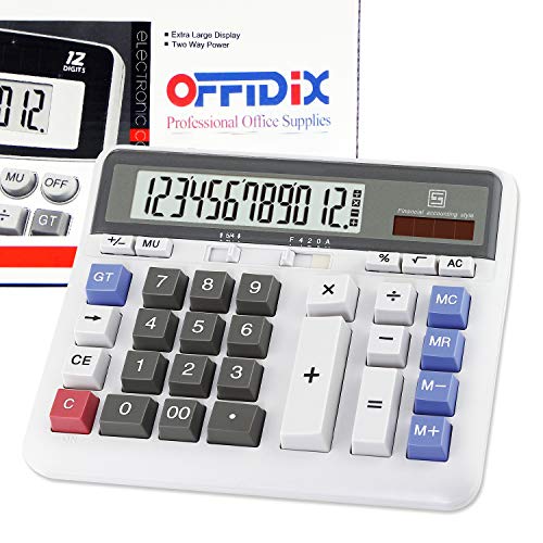 Calcolatrice desktop OFFIDIX per ufficio Calcolatrice desktop, solare e batteria Calcolatrice elettronica doppia alimentazione Portatile Calcolatrice per display LCD grande 12 cifre (grande)