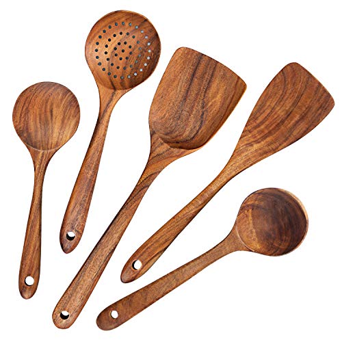 AOOSY Utensili per Cucina, 5 Pezzi Set Utensili da Cucina Giapponesi in Legno Set di Utensili Senza Graffio Resistente al Calore Set di Utensili da Cucina in Legno per Padelle Antiaderenti Set Cucina