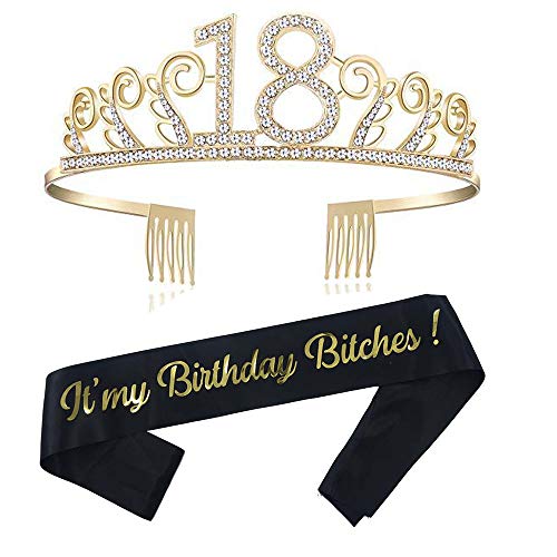REYOK Oro 18 Anni di Compleanno Donna Tiara Birthday Corona 18 Compleanno Glitter Bianca Gold “Its My Birthday Bitches” Sash per Feste di Compleanno o Torte di Compleanno Decorazion
