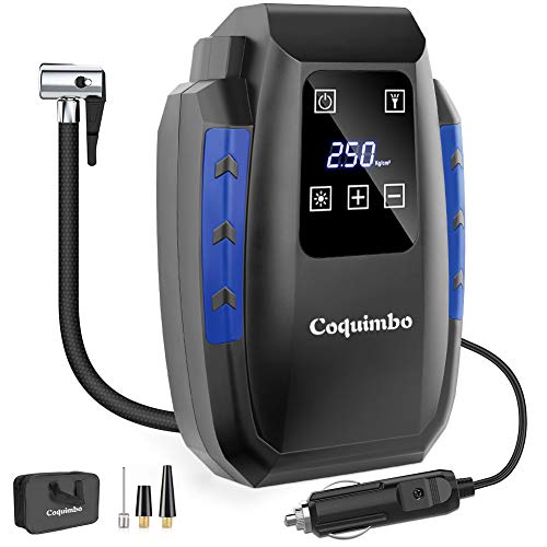 Coquimbo Compressore Portatile per Auto, Mini Pompa Elettrica con schermo LCD digitale e torcia a LED, 12V Gonfiatore Pneumatici Auto con 3 Adattatori Ugelli (Inclusa una Borsa di stoccaggio)