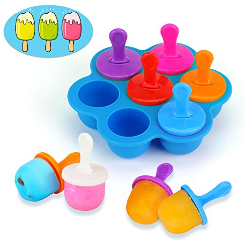 KATELUO Mini Stampo in Silicone per Ghiaccioli con Bastoncini di Plastica Colorati - 7 Scomparti Fai da Te, per Alimenti per Bambini Contenitore, Ghiaccioli, Mousse, Mini Torta, Dessert Fai da Te