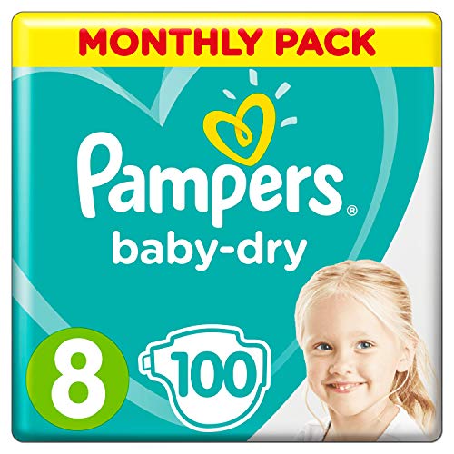 Pampers Baby-Dry Taglia 8, 100 Pannolini, 17 + Kg, Canali Aria per Essiccazione Traspirante Pernottamento, Confezione Mensile