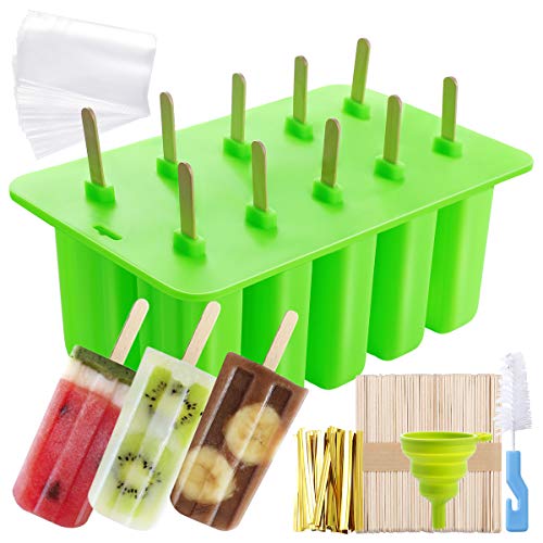 EXTSUD Ghiaccioli Stampo Silicone Riutilizzabili a 10 Griglie Set Forme per Ghiaccioli con 50 Stecchini Legno + 50 Sacchettini + Spazzolina + Imbuto Stampo Gelato Fai da Te per Bambini Verde