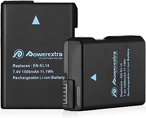 Powerextra Batterie di Ricambio da Nikon EN-EL14 EN EL14A 2 x Batteries di Ricambio da 1500mAh per Nikon D3100 D3200 D3300 D3400 D5100 D5200 D5300 D5500 D5600 Df Coolpix P7000 P7100 P7700 P7800