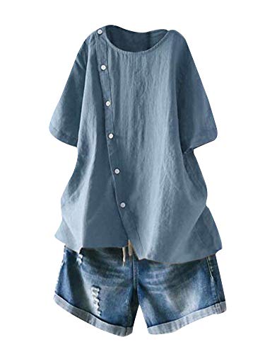 Mallimoda Donna Camicette Manica Corta Estivi Elegante Tshirt Tops Camicia Casual Bottone Blusa Grigio Blu XXL