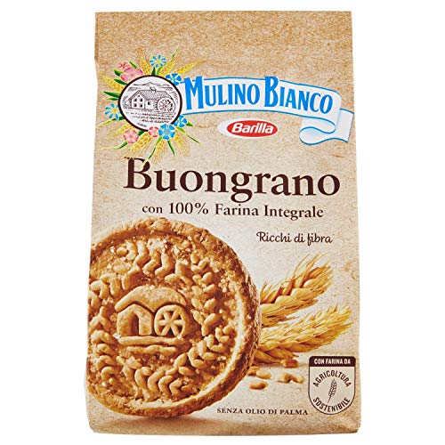 Mulino Bianco Biscotti Buongrano con 100% Farina Integrale, Colazione Ricca di Fibre e Gusto, 350 gr