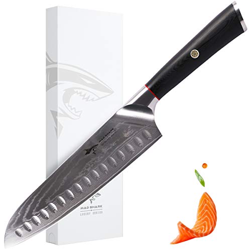 MAD SHARK Coltello Santoku di Damasco- Coltelli da Cucina PRO 8 Pollici, Coltello in Acciaio di Migliore qualità con Impugnatura Ergonomica, Scelta Migliore per Cucina e Ristorante Domestici