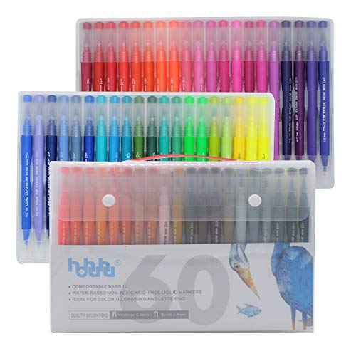 HO-C-60, Set di 60 pennarelli colorati a punta doppia, con base ad acqua, con punta fine e punta a pennello, penne da disegno, per calligrafia, per libri da colorare per adulti e bullet journal