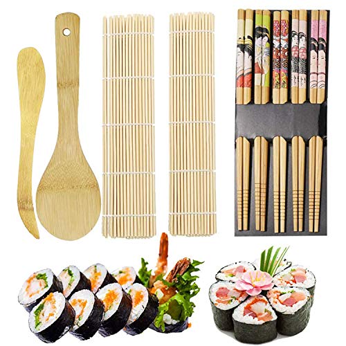 ZFYQ Kit per Fare Sushi in bambù, 9 Pezzi, Tappetino per Arrotolare Il Sushi, Include 2 Tappetini in bambù, 5 Paia di Bacchette, 1 Spatola per Riso, 1 Paletta