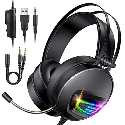 INSMART Cuffie Gaming, Cuffie Gaming PS4 con Microfono a Scomparsa, 50 mm Driver, 3.5 mm Jack RGB LED Stereo Cancellazione Over Ear Gaming Headset per PS4/Xbox One/PC/Laptop/Tablet/Nintendo Switch