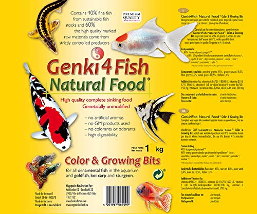 Mangime per pesci acquario, laghetto, pesci rossi e Koi, Genki4Fish Color&Growing Bits 1 kg leggermente affondante