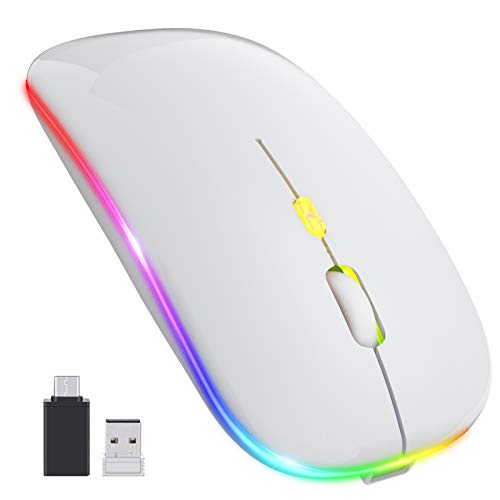 PASONOMI Mouse Wireless Ricaricabile Mouse Silenzioso Con luce LED Ricevitore USB di tipo C per PC, Laptop, Mouse Senza Fili da Viaggio Portatile (Bianca)