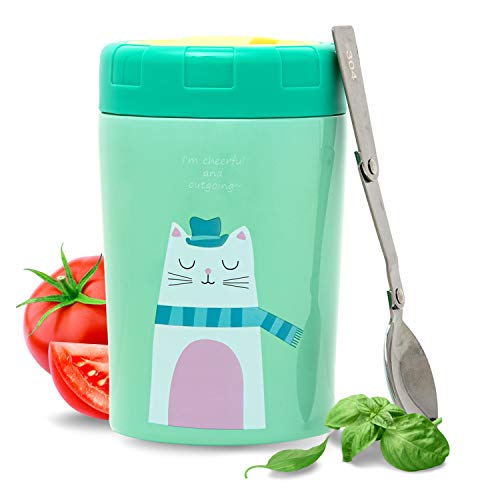 Balokki • Thermos per Alimenti Bambini • Contenitore Termico Porta Pappa Scuola e Viaggio • Doppio Acciaio Inossidabile • Termos Pranzo Neonato -Gattino/Verde