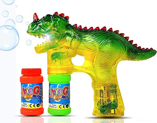 GELRIZTY Pistola a Bolla a LED Dinosauro | Toy Bubble Blaster per Bambini, Ragazzi, Feste | con 2x50ml di Liquido a Batteria,per Bambini, Feste, Verde (Batterie Non Incluse)