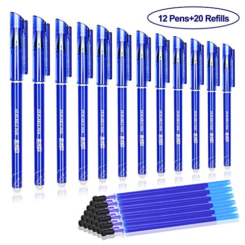 Penne Cancellabili, BBLIKE Ricariche Penne Cancellabili,Punta 0,5 mm – Confezione da 12PCS Fricion penna e 20 Ricariche Blu