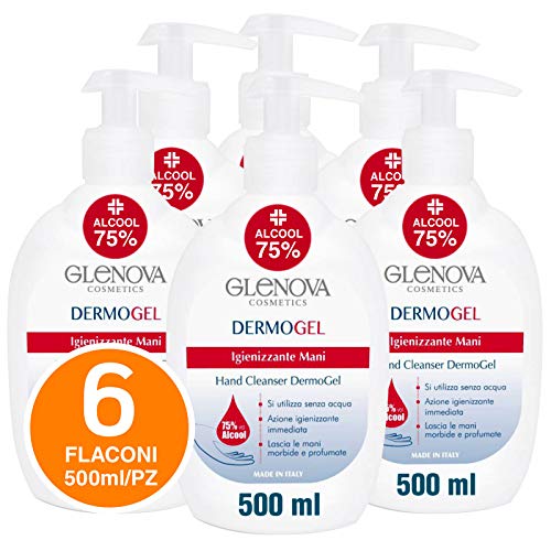6x Flaconi Gel per Mani GLENOVA 500ml Alcool 75% Dispenser Igienizzante Antibatterico Profumato con Dosatore Sanificante Alcolico Efficace Contro Germi e Batteri