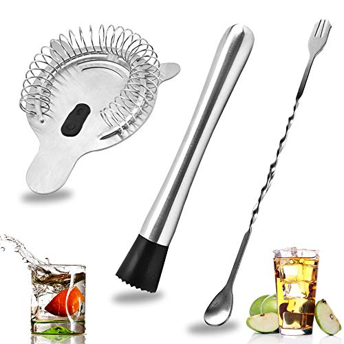 Senhai Acier inoxydable Cocktail Muddler, Cuillère À Spirale & 4-broches Filtre à barres, Bar à la Maison Ensemble d'outils embrouillé du Barman