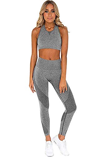 Ducomi Gin Tuta Fitness Donna - Set Leggings e Top Sportivi per Palestra, Yoga, Joggings e Sport - Abbigliamento Completo Sportivo Leggins Vita Alta e Top Crop Sostegno e Comfort (Grey, L)