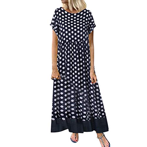 Vestito da donna per taglie forti, a maniche corte, scollo rotondo a pois, patchwork, orlo a pieghe sciolto, abito casual per feste in spiaggia Nero  XXXXL