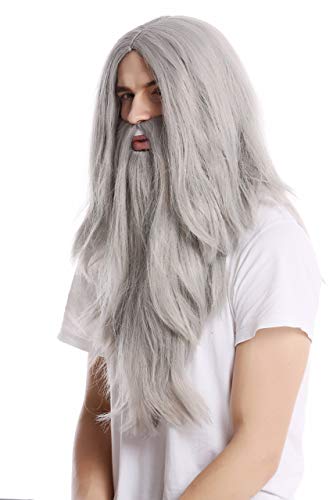 WIG ME UP - PW0210-ZA68E Parrucca & Barba Halloween Carnevale Lunga Liscia Grigia Mago Ruprecht Il servo Profeta Vecchio Biker