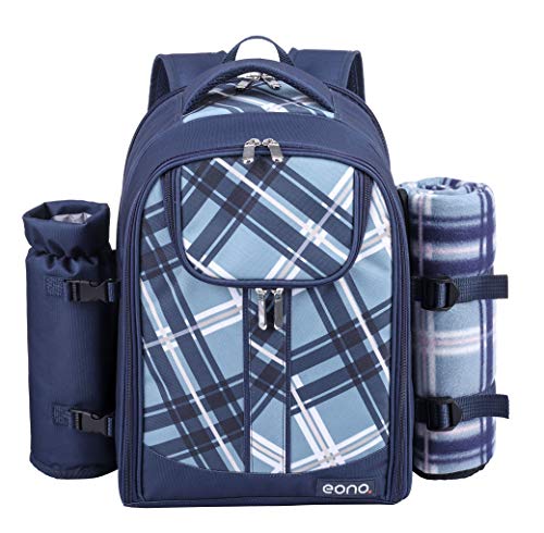 Eono by Amazon - Borsa termica per zaino da picnic per 4 persone con set di stoviglie e coperta