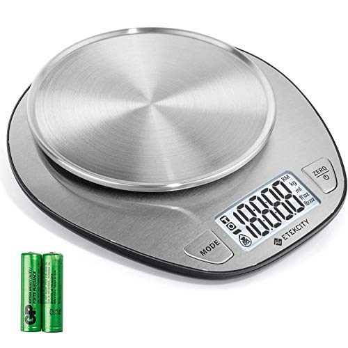 Etekcity Bilancia da Cucina Digitale Inox 5kg/11lb, Misura Volume Liquidi con LCD Display Bianco Retroilluminato, Argento (Batterie Incluse)