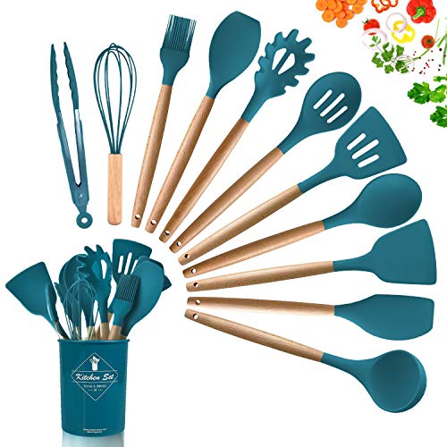 DOPGL Set di 11 Utensili da Cucina in Silicone, Resistenti al Calore, con Manici in Legno, Senza BPA, in Silicone atossico, spatola, Cucchiaio, Utensili da Cucina per antiaderenti Blu Scuro