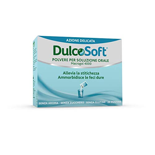 Dulcosoft E’ un dispositivo medico per alleviare la stitichezza, reidratando,ammorbidendo e dando una sensazione di sollievo. Confezione da 20 bustine predosate 10 g.per adulti e bambini dagli 8 anni