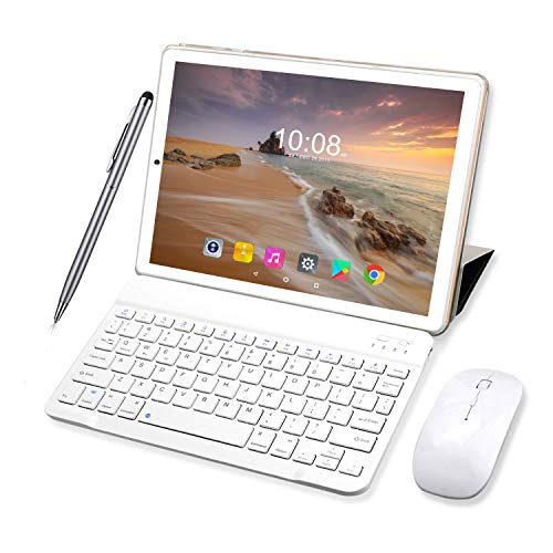 Tablet 10 Pollici Android 9.0 Pie 64 GB ROM 4 GB RAM Tablets PC con Doppia SIM | 8000mAh | WiFi | GPS | Bluetooth | Type-C | Doppia Fotocamera (8MP+5MP) con Tastiera Bluetooth e Mouse (d'oro)