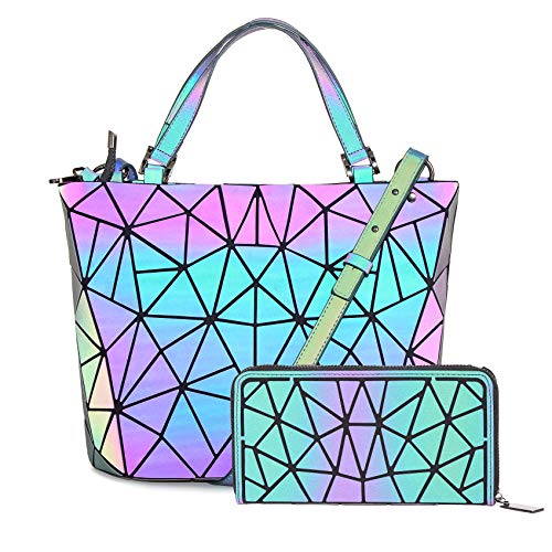 HOT ONE Colour Cambia Borse e borsette luminose geometriche Borsa olografica Borsa riflettente Borsa Moda (5# Grande Luminoso + Portafoglio Cerniera)