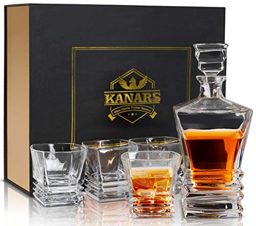 KANARS Bottiglie e Bicchieri Whisky, Decanter da Whiskey Cristallo, 800ml Bottiglia con 4X 260ml Bicchieri, Set di 5 Pezzi, Bellissimo Regalo
