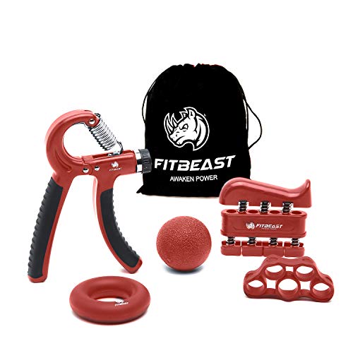 FitBeast Kit Allenamento per Rinforzare Mani e Avambracci - Pacco da 5, Pinza per Mani Regolabile, Attrezzo per Esercitare Le Dita, Finger Stretcher, Anello per Esercizi & Palla Antistress per Atleti