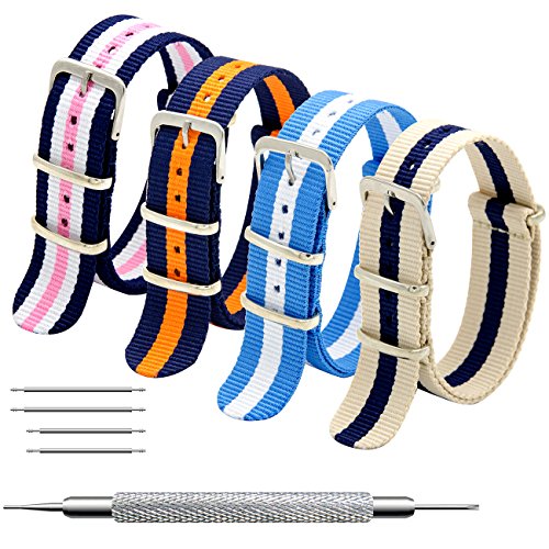 Cinturino Orologio 4 Pacchetti 18mm 20mm 22mm Balistico Cinturino Nato Cinturino in Nylon con Bar Primavera Link Pin Remover Strumento (20mm, Linen Navy+Navy Pink White+Navy Pumpkin+Sky White)