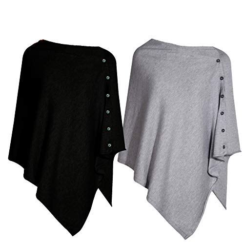 PULI Donne Bottone Maglia Scialle Poncho Cape Cardigan Cashmere/Cashmere Feel Wrap Sciarpa per Primavera Estate Autunno Z-pack di 2 nero/grigio Taglia unica