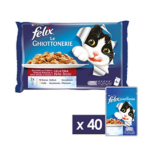 Purina Felix le Ghiottonerie Umido Gatto con Manzo e con Pollo, 40 Buste da 100 g Ciascuna, 10 Confezioni da 4 x 100 g