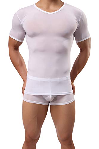 Sandbank, maglietta intima da uomo nera a maniche lunghe, maglia intima da uomo sexy, maglia velata, abbigliamento da notte, fitness Bianco # Manica corta M