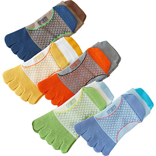 BigBig Style 5 paia di calzini per bambini, calzini sportivi a cinque dita, in cotone, traspiranti, morbidi, alla caviglia Colori assortiti 3-7 anni