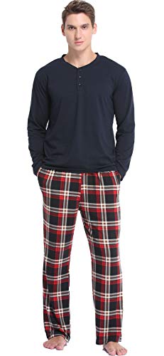 Vlazom Men's Fleece Pyjama Set Sleepwear Loungewear PJ Set Long Sleeve Top And Check Bottoms (A-Red, L)