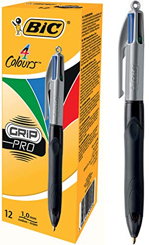 Bic 4 Colours Grip Pro Penna a Scatto, Punta Media da 1,0 mm, 4 Colori di Inchiostro, Confezione da 12 Pezzi
