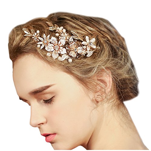 Fermaglio da sposa per capelli, dorato, fantasia floreale, con clip e strass