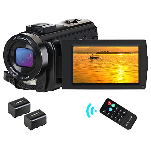 CamVeo Videocamera, Camcorder con HD 1080P 24MP 16X Zoom digitale 3,0 pollici LCD 270 gradi Schermo ruotabile, Videocamera per vlogging YouTube con telecomando e 2 batterie