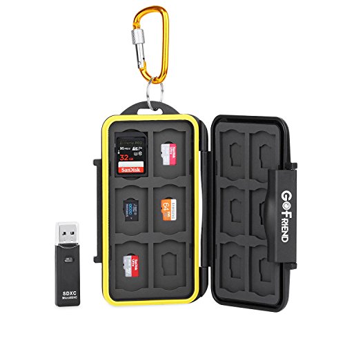Valigetta professionale porta memory card Gofriend®, impermeabile, Compact Flash Travel Protector Storage Case per SD SDHC SDXC con moschettone e lettore di schede