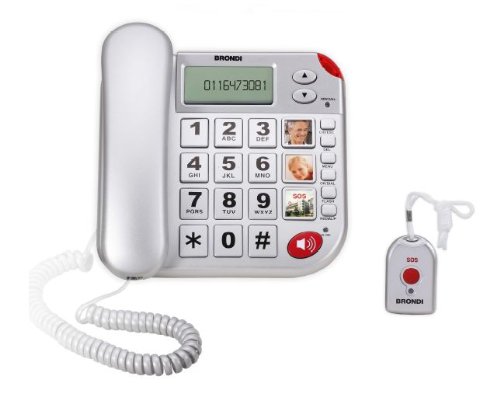 Brondi Super Bravo Plus Telefono a filo senior con telecomando SOS, Installabile anche a muro, Grigio (Argento)