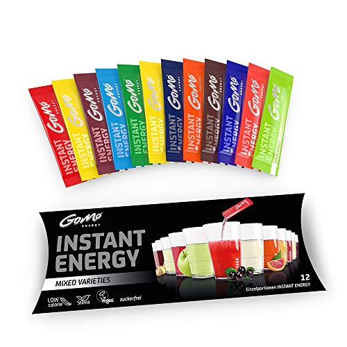 GoMo ENERGY® Mix di Varietà | Miglioramento della mente e delle prestazione corporee | Caffeina + Vitamine B + Minerali + Estratti vegetali | bevande energetiche senza zucchero | 12 porzioni