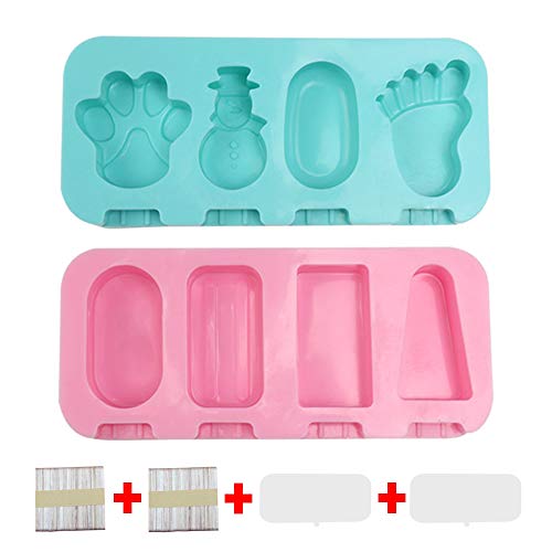 tingz 2 Pezzi Mini stampi per Ghiaccio in Silicone per Gelato,Stampo per ghiaccioli a Forma di Cartone Animato per Bambini,con Coperchio e 100 Bastoncini（Blu,Rosa）